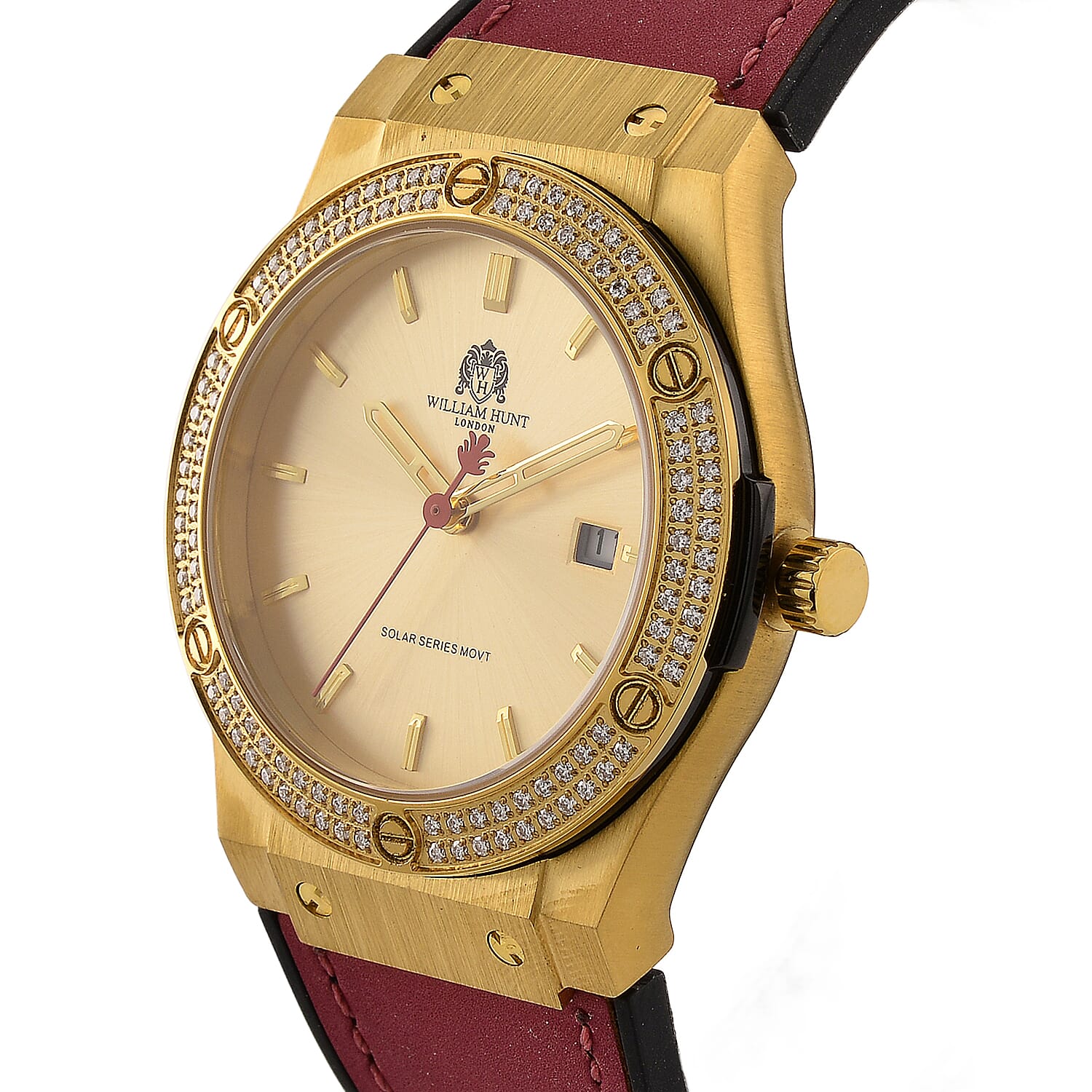 TJC 20TH ANNIVERSARY COMMISSION EXCLUSIVE - WILLIAM HUNT Limited Edition Epson Solar AS32 Movt. 5ATM WR Gold Sunshine & Moissanite Dial & Gold Case Watch with Red Strap (Adjustable)