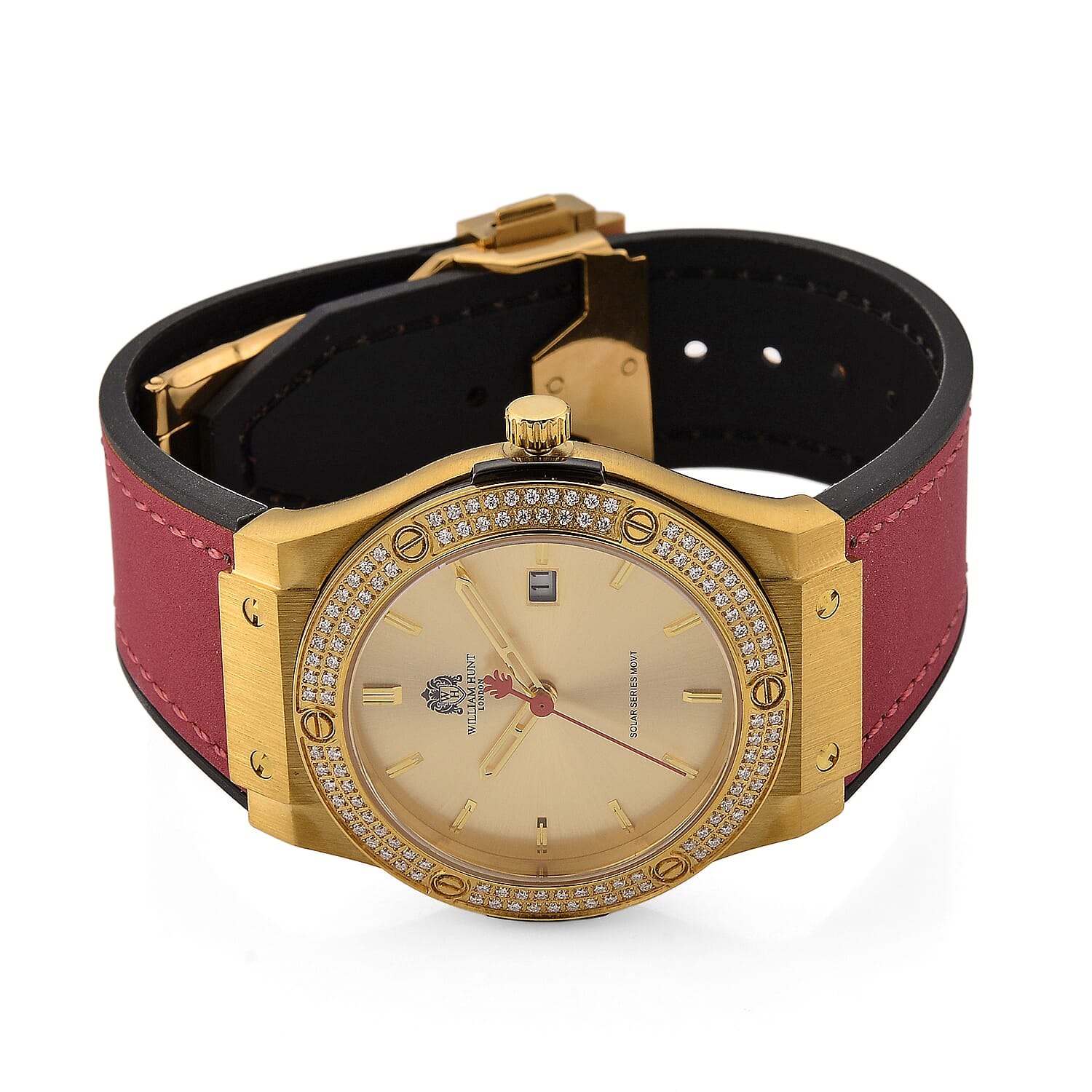 TJC 20TH ANNIVERSARY COMMISSION EXCLUSIVE - WILLIAM HUNT Limited Edition Epson Solar AS32 Movt. 5ATM WR Gold Sunshine & Moissanite Dial & Gold Case Watch with Red Strap (Adjustable)