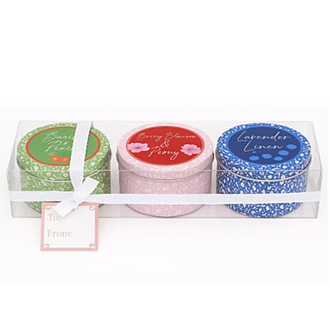 Set of 3 Tin Candles - Basil & Peach, Berry Blossom and Peony Lavender