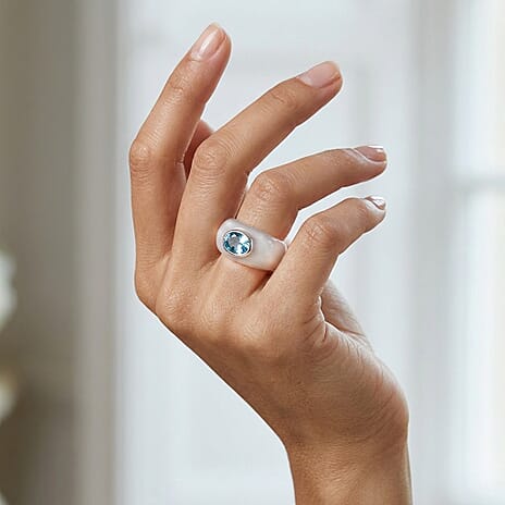 Blue Zircon & Jade Solitaire Band Ring in Rhodium Overlay Sterling Silver 31.10 Ct.