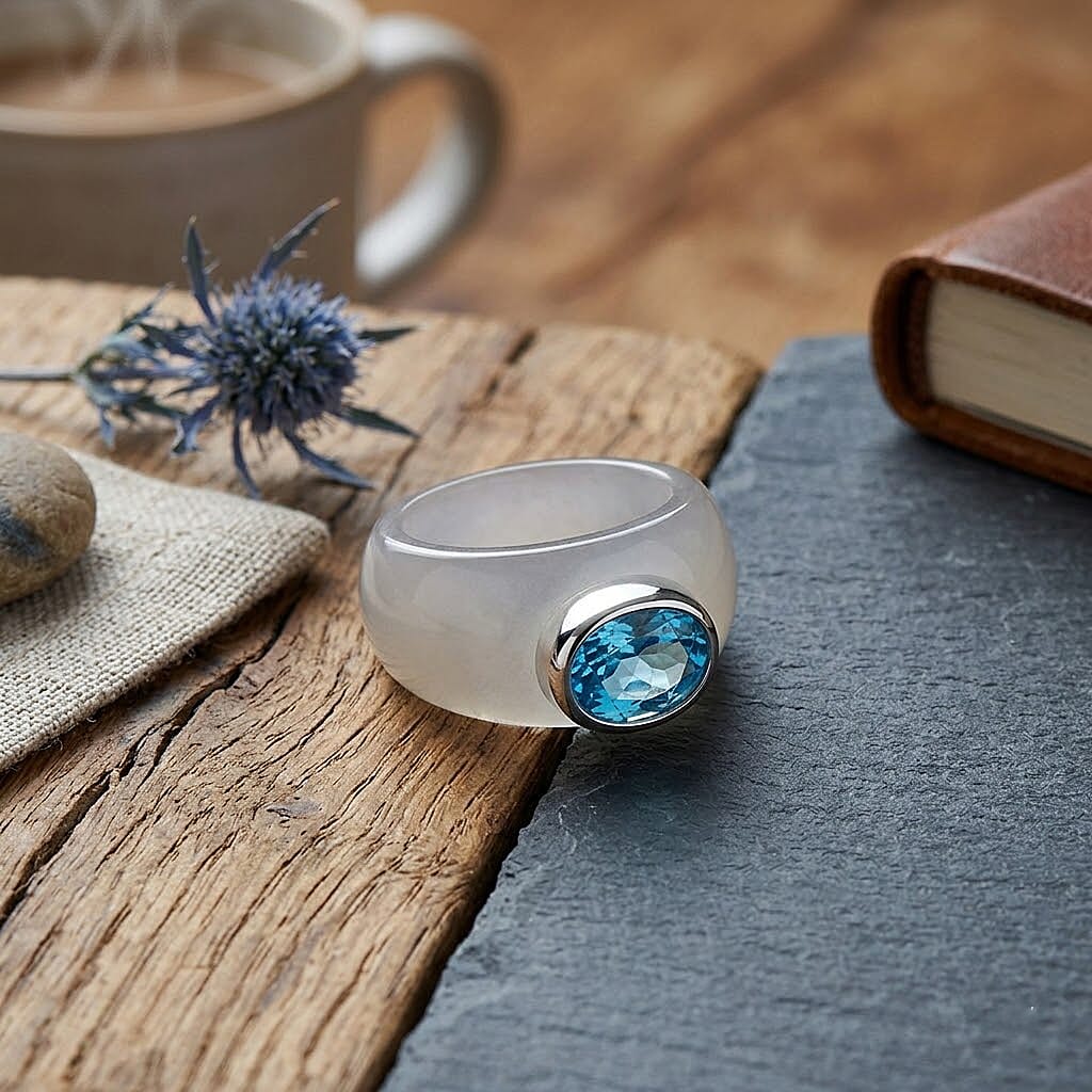 Blue Zircon & Jade Solitaire Band Ring in Rhodium Overlay Sterling Silver 31.10 Ct.