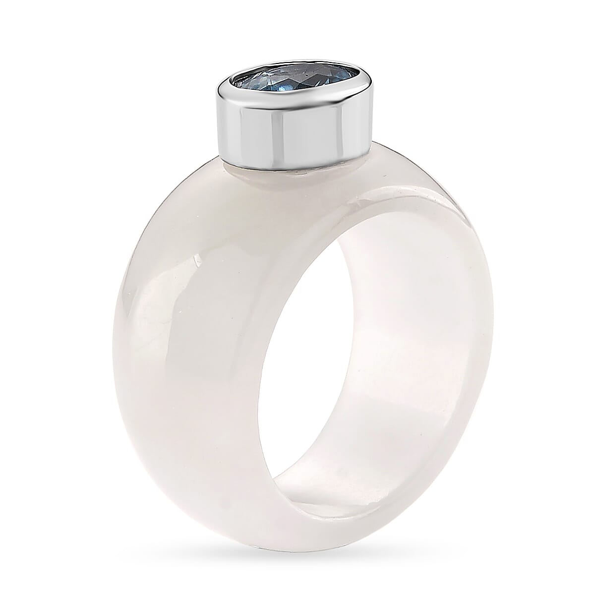Blue Zircon & Jade Solitaire Band Ring in Rhodium Overlay Sterling Silver 31.10 Ct.
