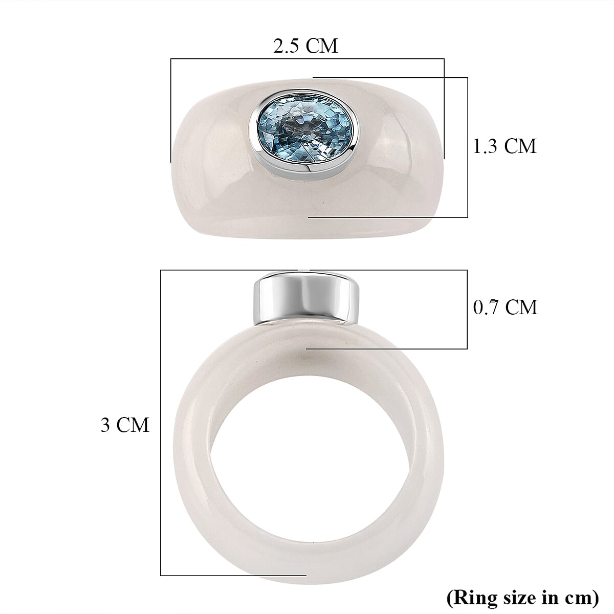 Blue Zircon & Jade Solitaire Band Ring in Rhodium Overlay Sterling Silver 31.10 Ct.