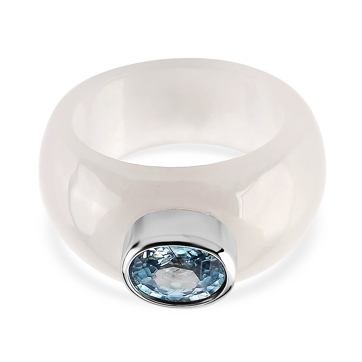 Cambodian Blue Zircon & Jade Solitaire Band Ring in Rhodium Overlay Sterling Silver 31.00 Ct.
