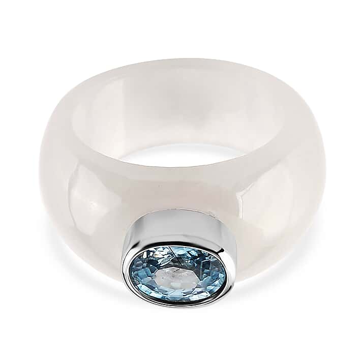 Cambodian Blue Zircon & Jade Solitaire Band Ring in Rhodium Overlay Sterling Silver 31.00 Ct.