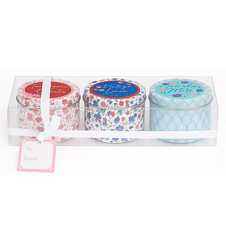 Set of 3 Tin Candles - Tangerine and Cilantro, Vintage linen and Lavender Moss