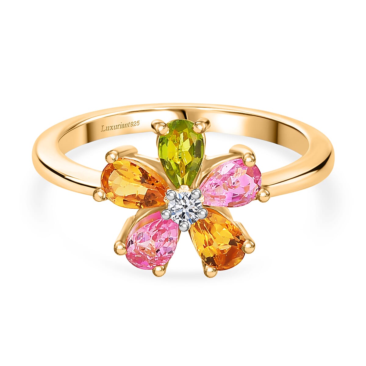 LUXURIANT Multi-Tourmaline, Lab Grown Diamond Floral Ring in Yellow Gold Plated Sterling Silver 1 Ct.  (SI-G-H)