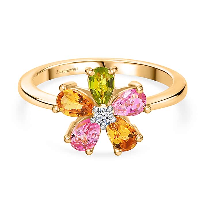 LUXURIANT Multi-Tourmaline, Lab Grown Diamond Floral Ring in Yellow Gold Plated Sterling Silver 1 Ct. (SI-G-H)