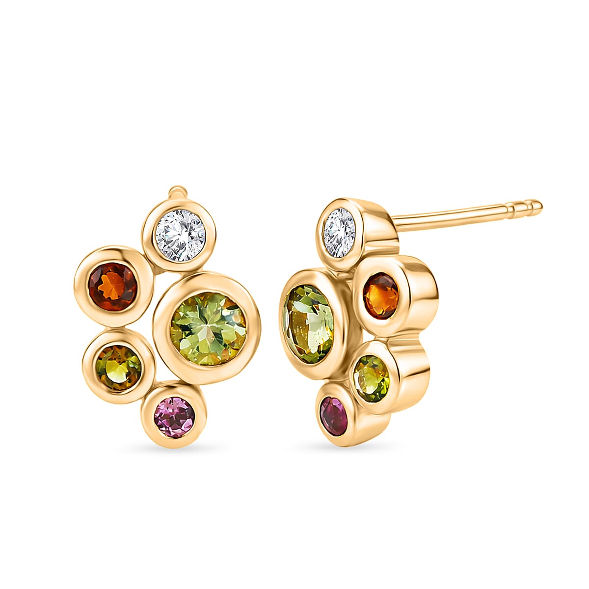 D'Joy - Multi-Tourmaline & White Zircon Cluster Earring with Push Post in Yellow Gold Plated Sterling Silver 1.08 Ct.