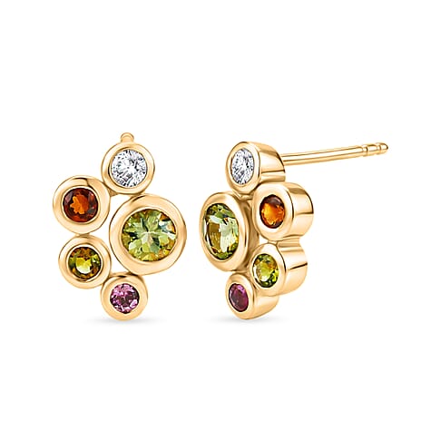 D'Joy - Multi-Tourmaline & White Zircon Cluster Earring with Push Post in Yellow Gold Plated Sterling Silver 1.08 Ct.