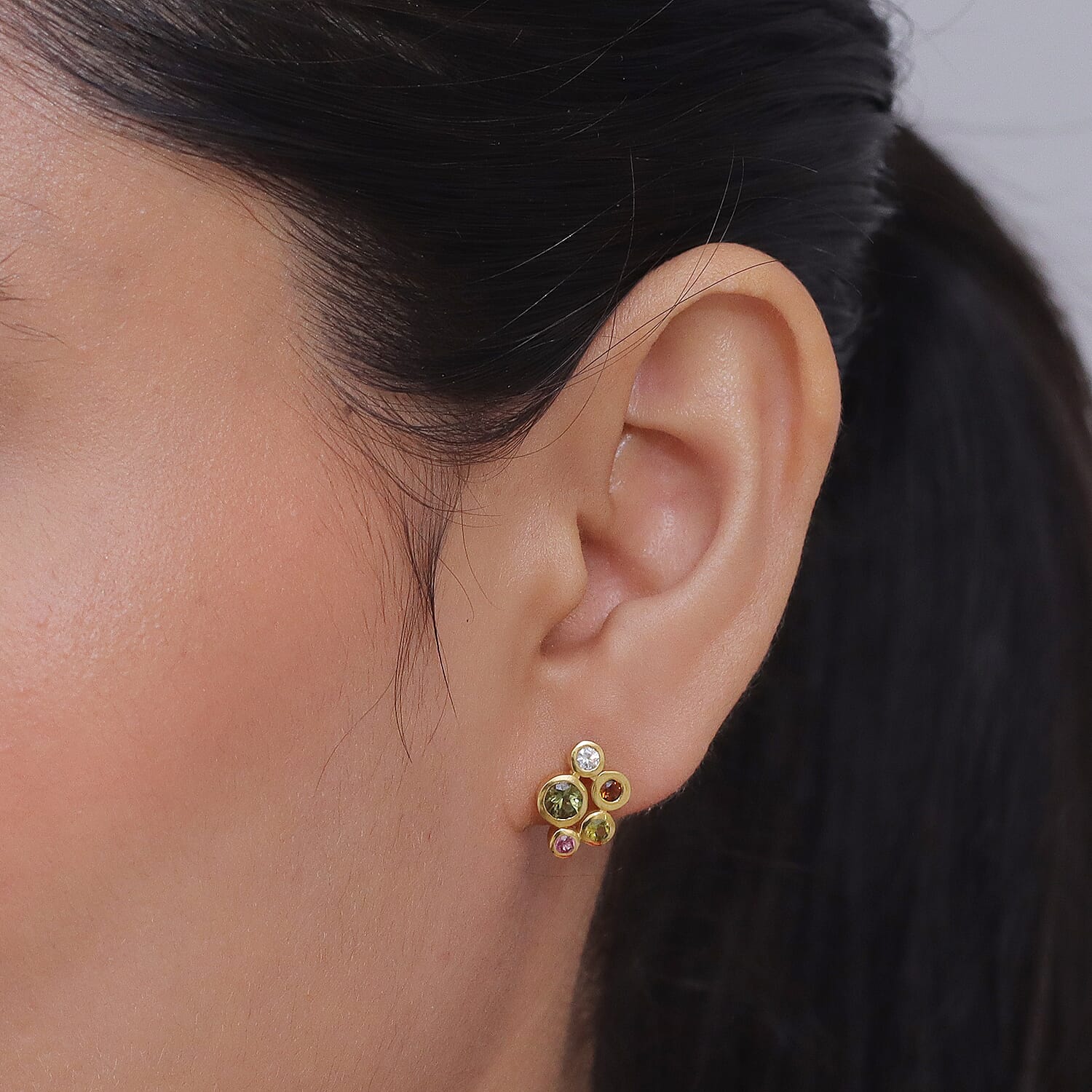 D'Joy - Multi-Tourmaline & White Zircon Cluster Earring with Push Post in Yellow Gold Plated Sterling Silver 1.08 Ct.