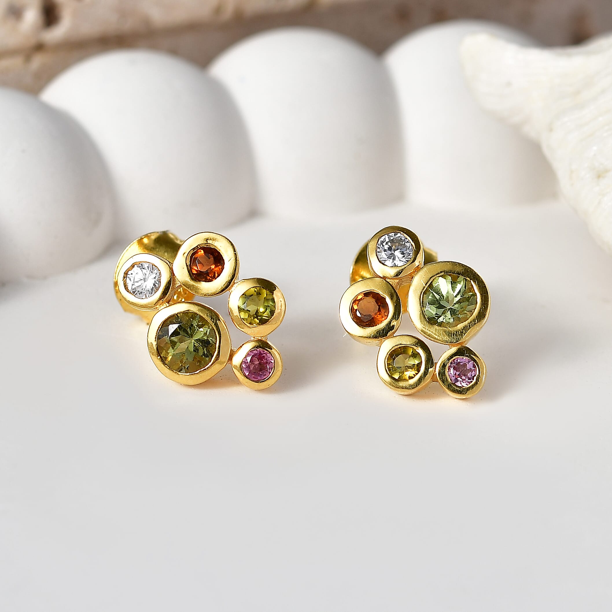 D'Joy - Multi-Tourmaline & White Zircon Cluster Earring with Push Post in Yellow Gold Plated Sterling Silver 1.08 Ct.