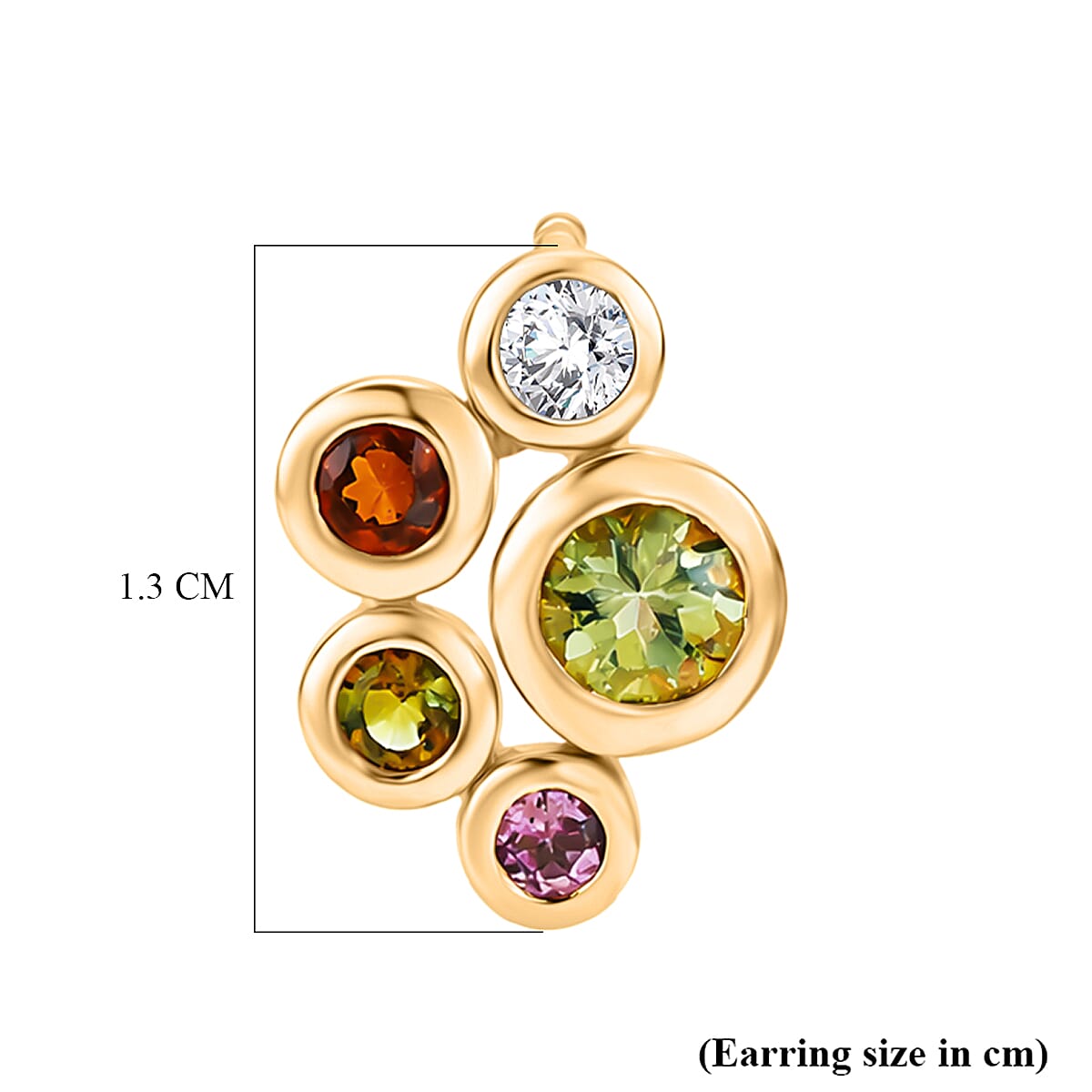 D'Joy - Multi-Tourmaline & White Zircon Cluster Earring with Push Post in Yellow Gold Plated Sterling Silver 1.08 Ct.