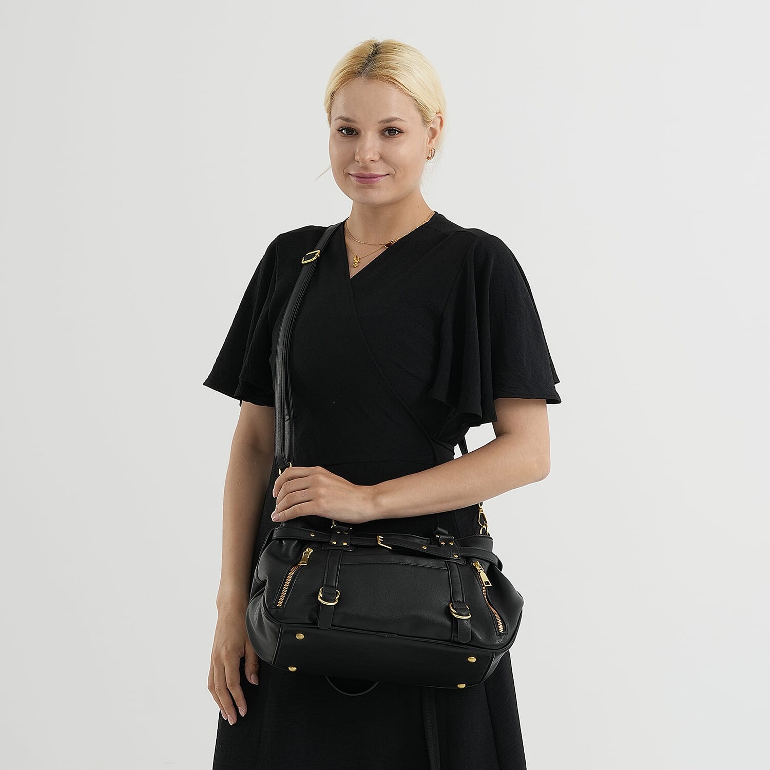 Designer Inspired - Multi-Pocket Slouchy Shoulder Handbag with Detachable Strap