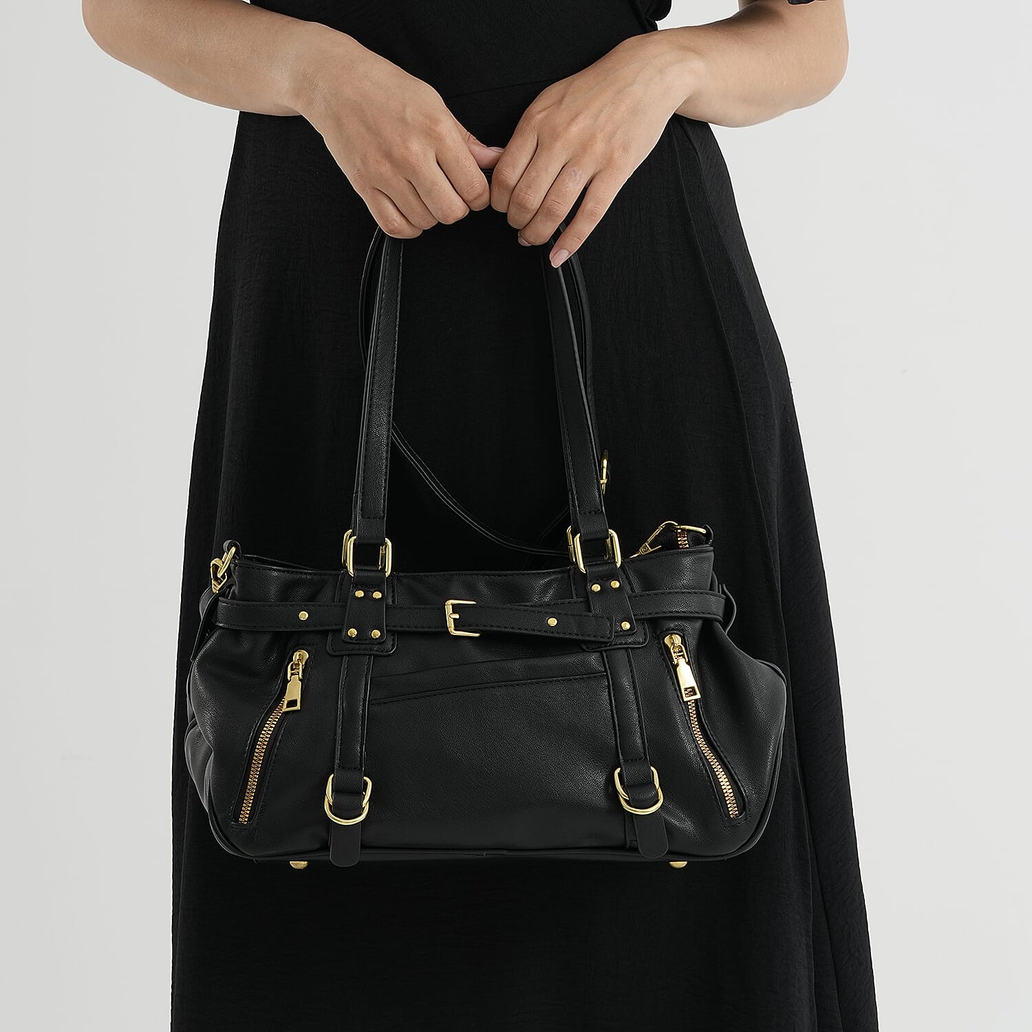 Designer Inspired - Multi-Pocket Slouchy Shoulder Handbag with Detachable Strap