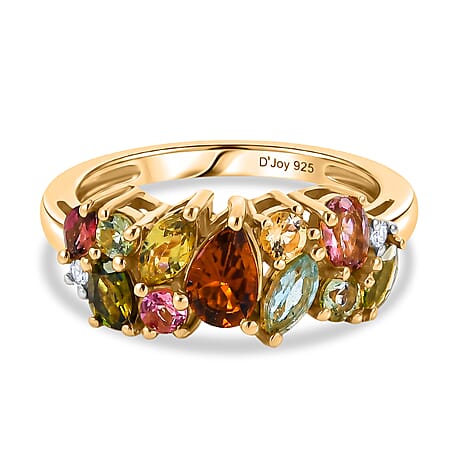D'Joy Multi-Tourmaline & White Zircon Cluster Ring in Yellow Gold Plated Sterling Silver 1.40 Ct.