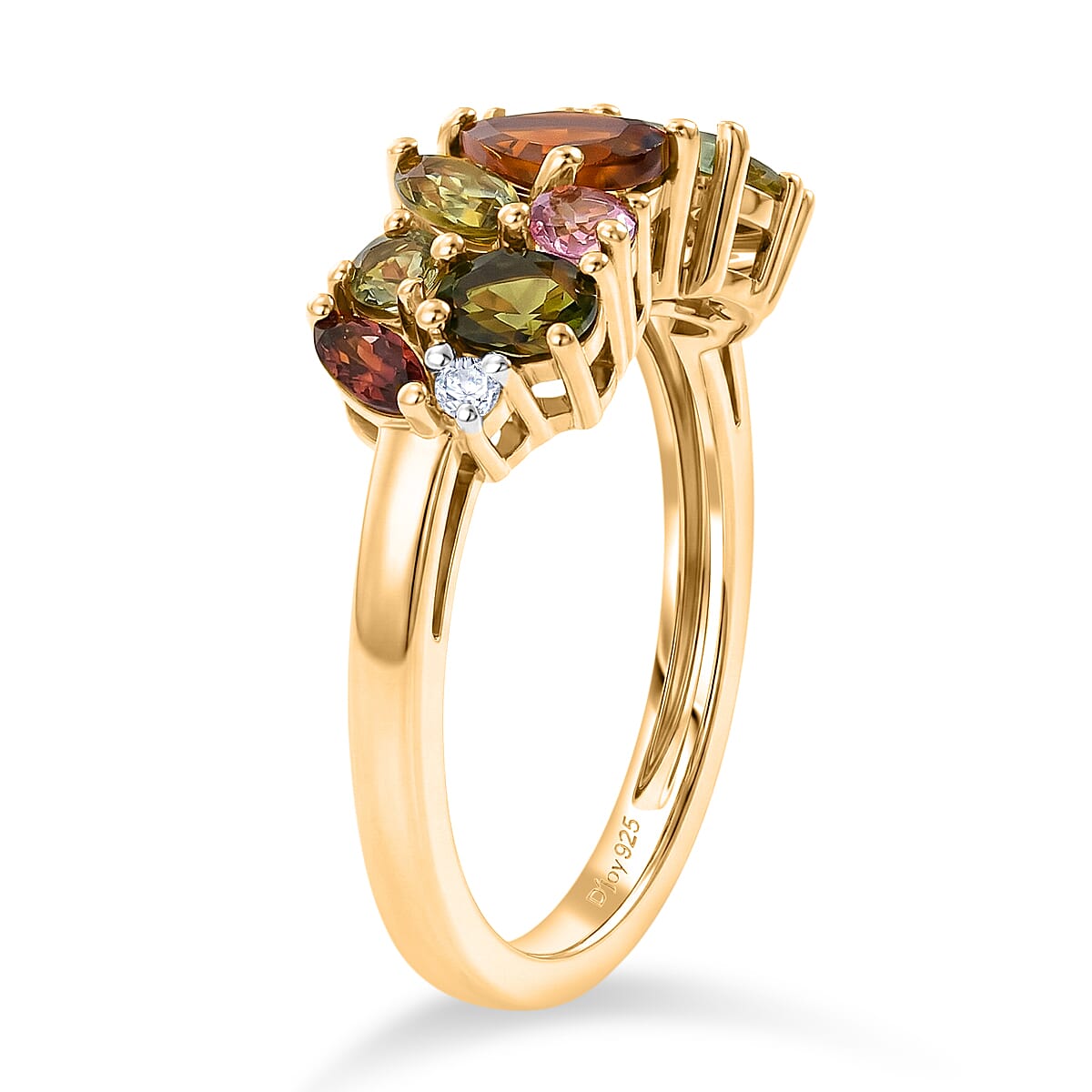 D'Joy Multi-Tourmaline & White Zircon Cluster Ring in Yellow Gold Plated Sterling Silver 1.40 Ct.