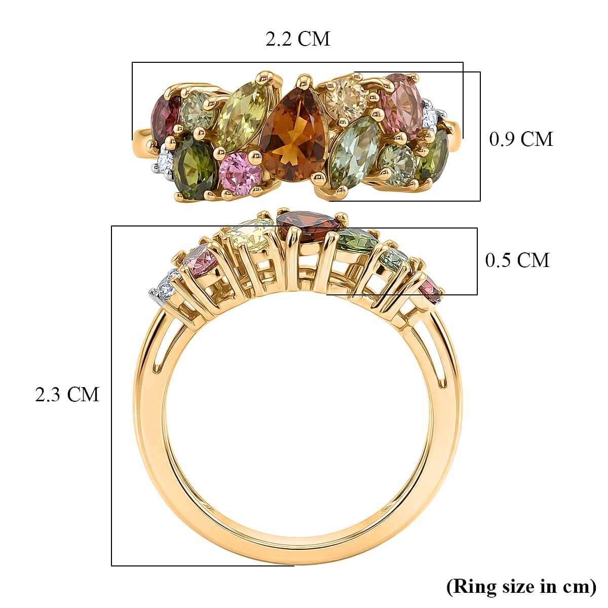 D'Joy Multi-Tourmaline & White Zircon Cluster Ring in Yellow Gold Plated Sterling Silver 1.40 Ct.