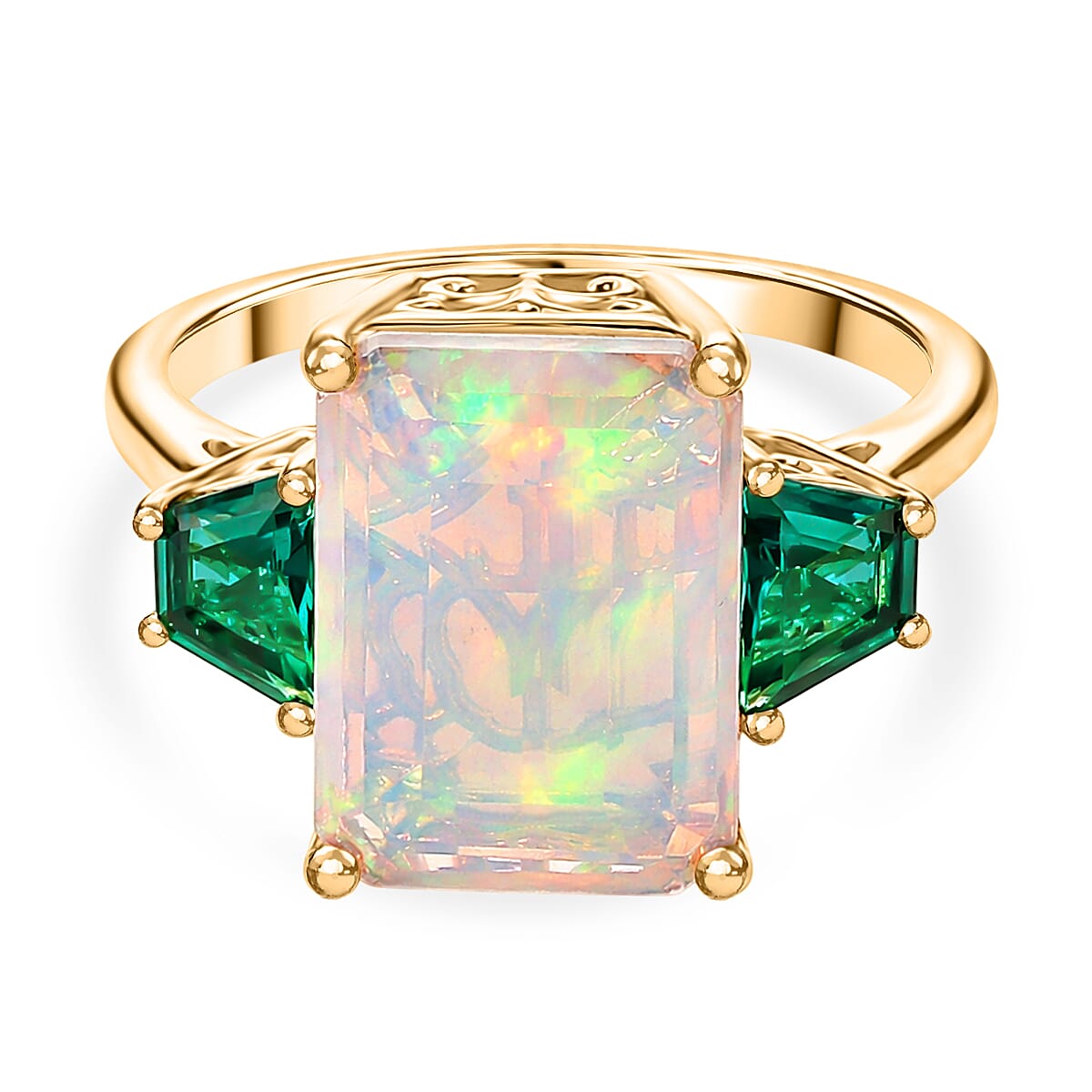 Luxuriant - AAA Ethiopian Opal & Lab Grown Emerald Ring in 18K Vermeil Yellow Gold Plated Sterling Silver 4.31 Ct.