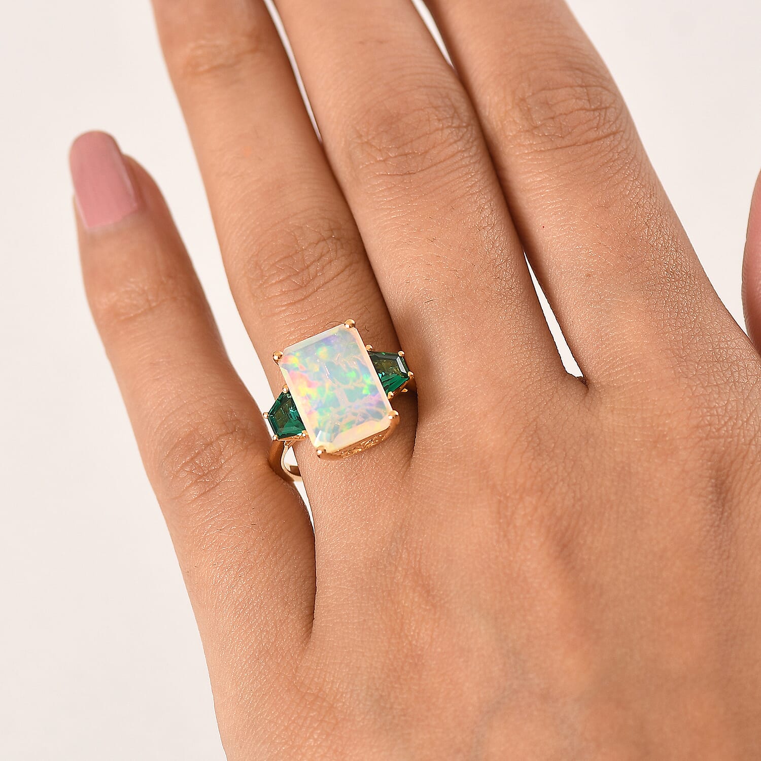 Luxuriant - AAA Ethiopian Opal & Lab Grown Emerald Ring in 18K Vermeil Yellow Gold Plated Sterling Silver 4.31 Ct.