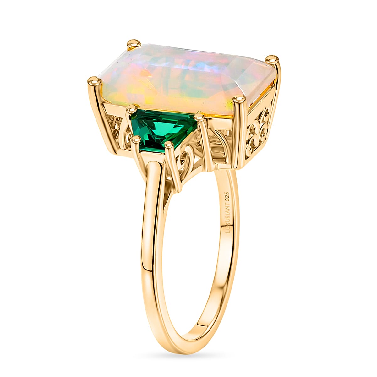 Luxuriant - AAA Ethiopian Opal & Lab Grown Emerald Ring in 18K Vermeil Yellow Gold Plated Sterling Silver 4.31 Ct.
