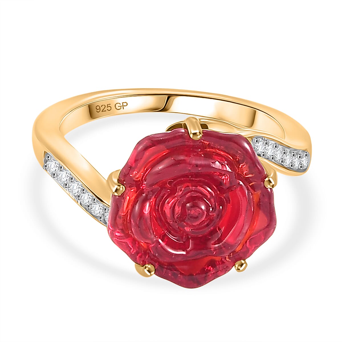 GP - Murano Glass, Blue Sapphire & White Zircon Floral Ring in 18K Vermeil Yellow Gold Plated Sterling Silver 4.00 Ct.