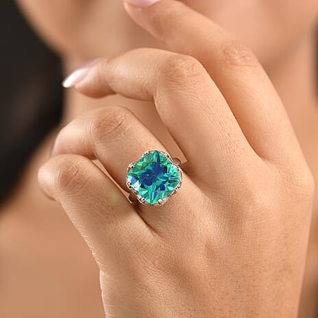 D'Joy - Peacock Triplet Quartz & White Zircon Solitaire Ring in Rhodium Overlay Sterling Silver 13.63 Ct.