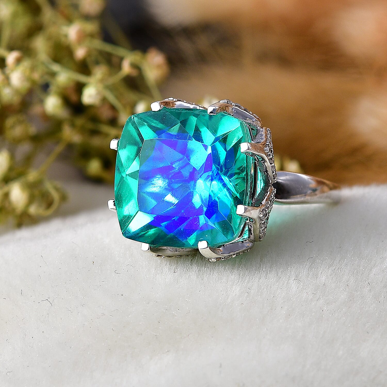 D'Joy - Peacock Triplet Quartz & White Zircon Solitaire Ring in Rhodium Overlay Sterling Silver 13.63 Ct.