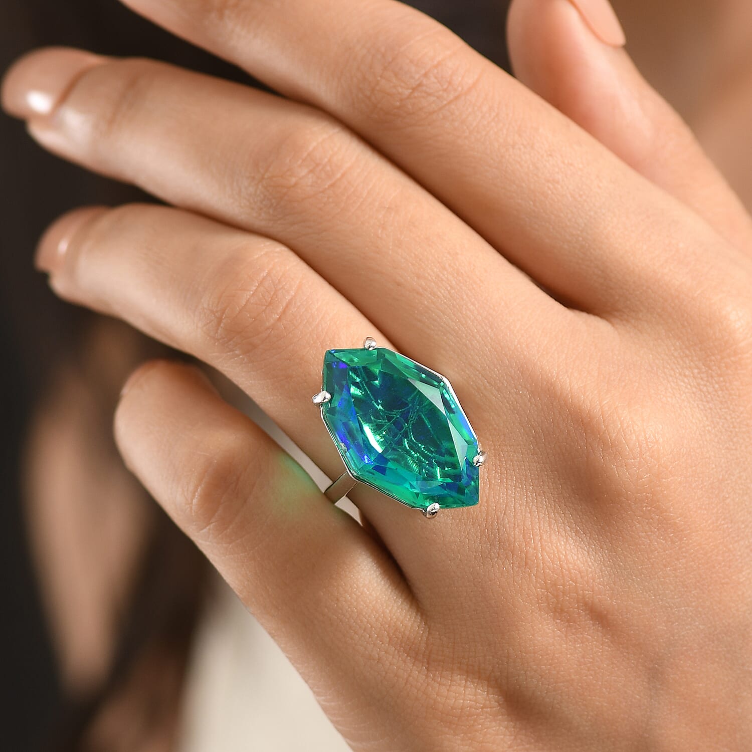 D'Joy - Peacock Triplet Quartz Solitaire Ring in Rhodium Overlay Sterling Silver 21.33 Ct.