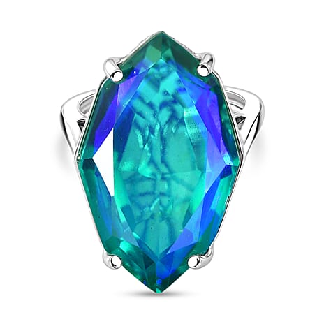 D'Joy - Peacock Triplet Quartz Solitaire Ring in Rhodium Overlay Sterling Silver 21.33 Ct.