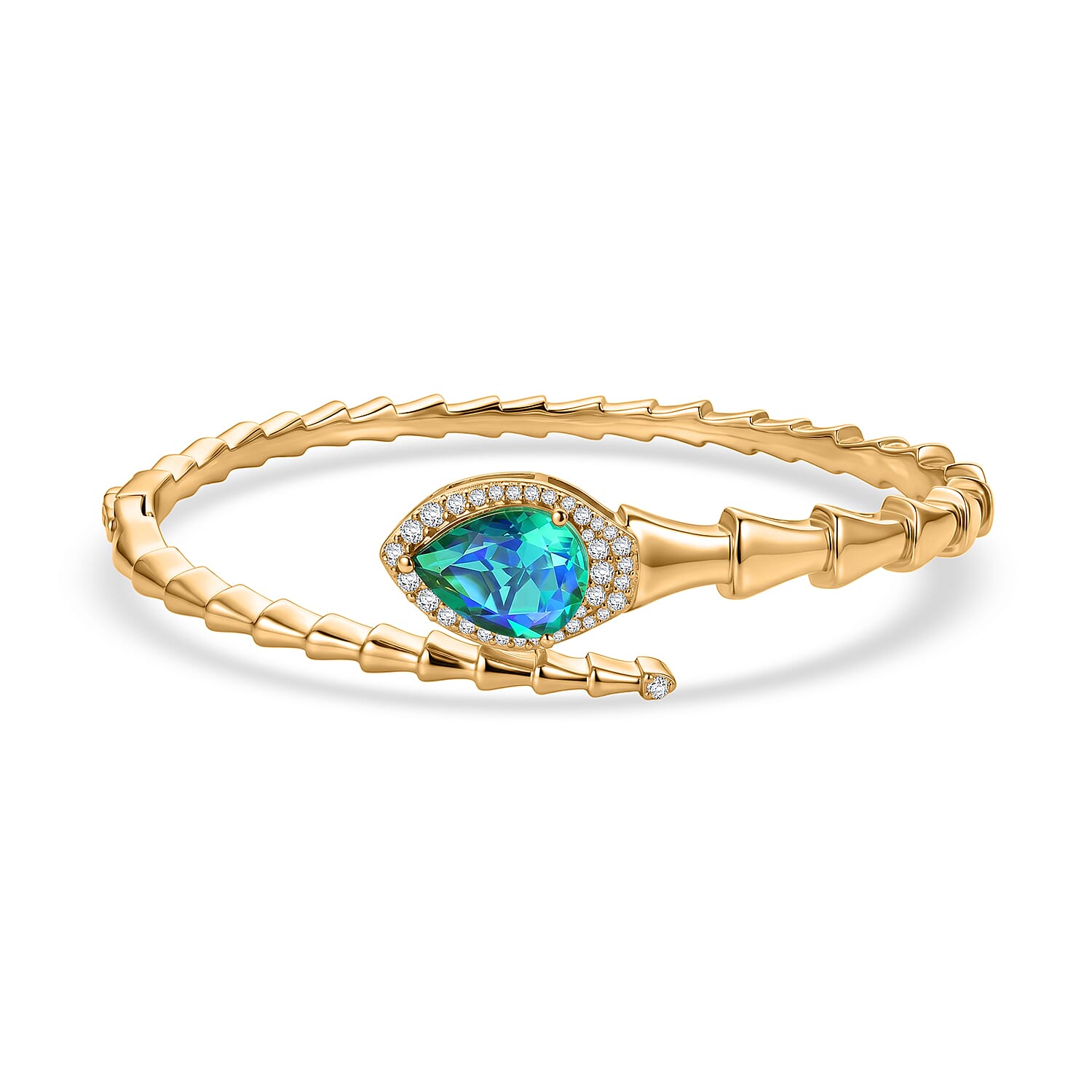 EverTrue - Peacock Triplet Quartz & White Zircon Full Bangle (Size 7.5) in Yellow Gold Tone 6.27 Ct.