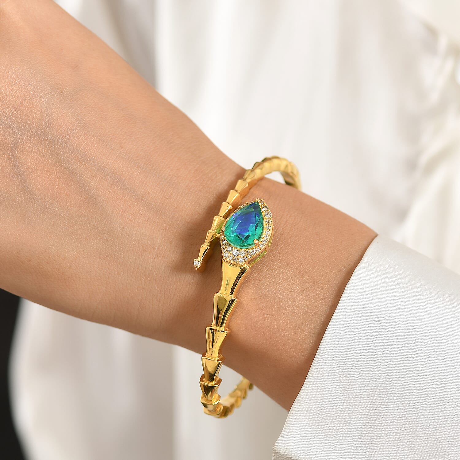 EverTrue - Peacock Triplet Quartz & White Zircon Full Bangle (Size 7.5) in Yellow Gold Tone 6.27 Ct.