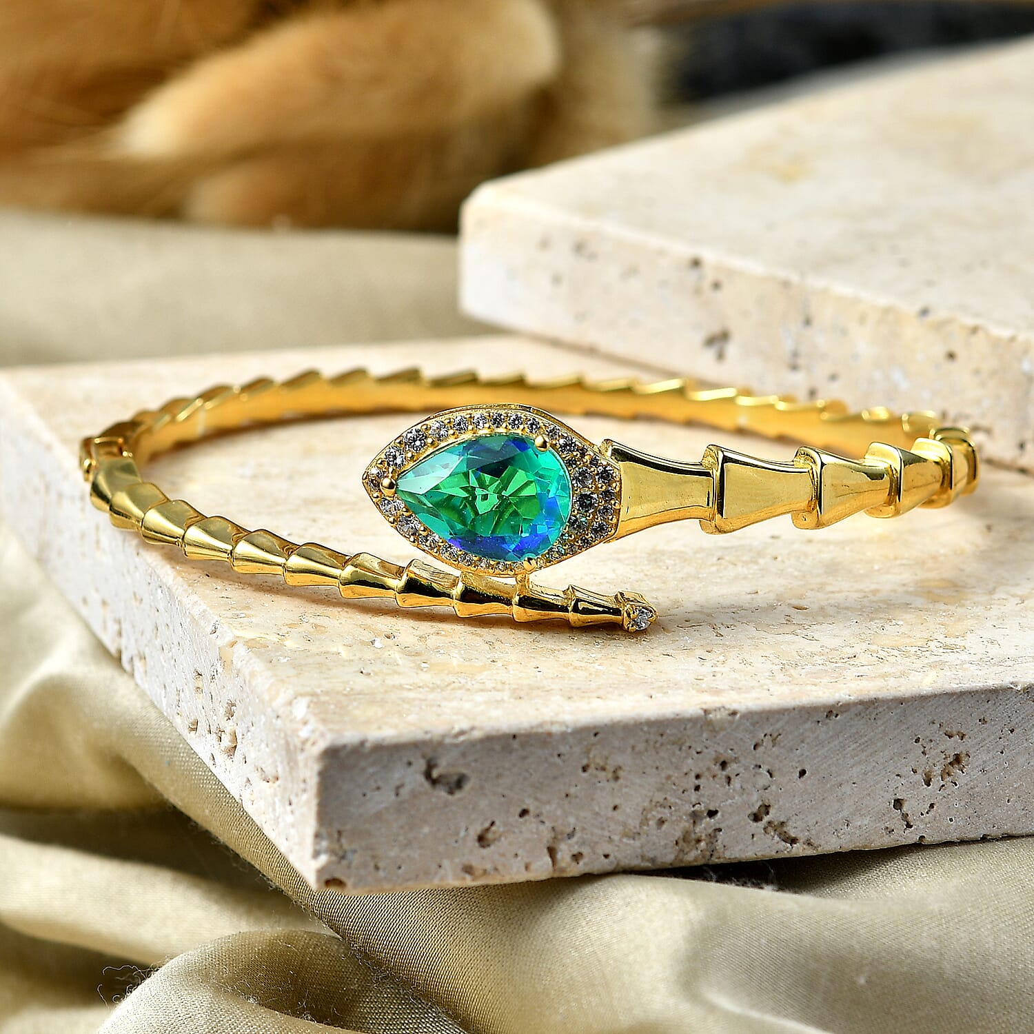 EverTrue - Peacock Triplet Quartz & White Zircon Full Bangle (Size 7.5) in Yellow Gold Tone 6.27 Ct.