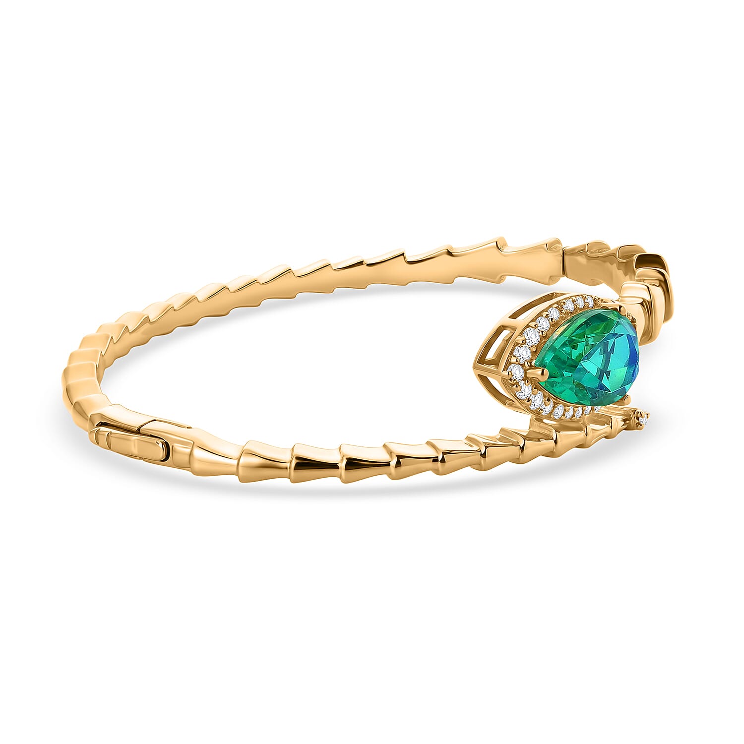 EverTrue - Peacock Triplet Quartz & White Zircon Full Bangle (Size 7.5) in Yellow Gold Tone 6.27 Ct.