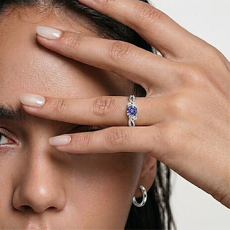 Royal Bali Collection - D'Joy Tanzanite & Moissanite Solitaire Ring in Rhodium Overlay Sterling Silver