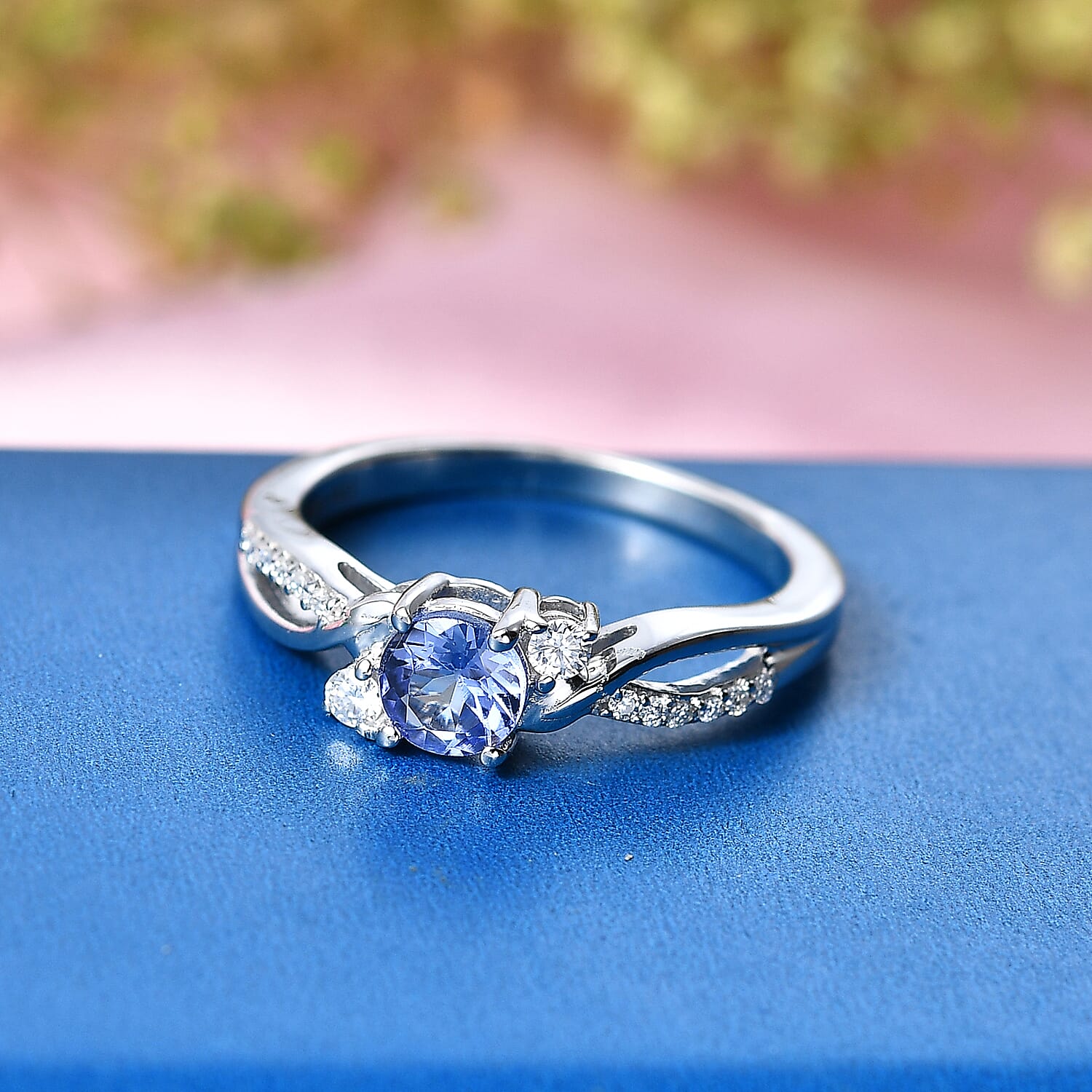 D'Joy Tanzanite, Moissanite Main Stone With Side Stone Ring in Rhodium OverlaySterling Silver  0.615  Ct.