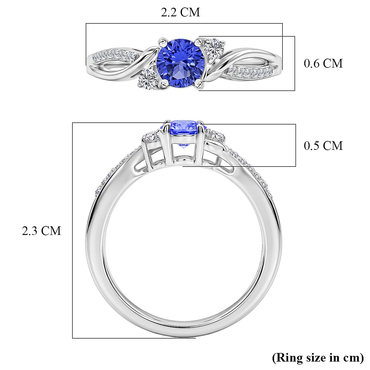 D'Joy Tanzanite, Moissanite Main Stone With Side Stone Ring in Rhodium OverlaySterling Silver  0.615  Ct.