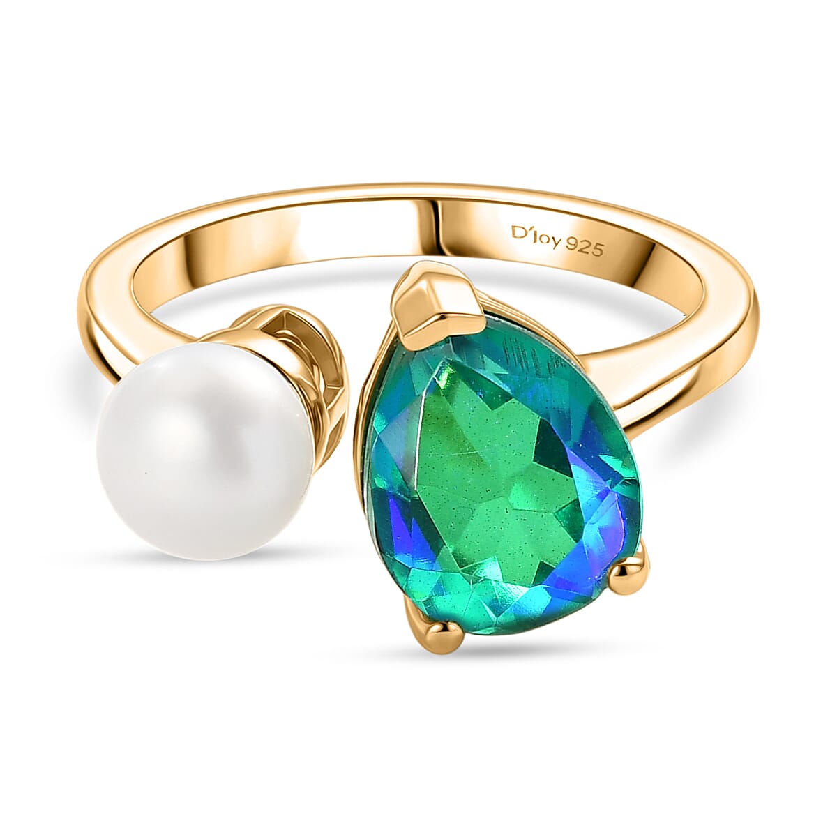D'Joy - Peacock Triplet Quartz & Fresh Water Pearl Toi-et-Moi Ring in Yellow Gold Plated Sterling Silver 3.61 Ct.