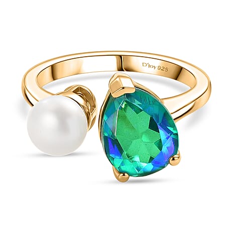 D'Joy Peacock Triplet Quartz, Fresh Water Pearl Fancy Ring Sterling Silver  3.610  Ct.
