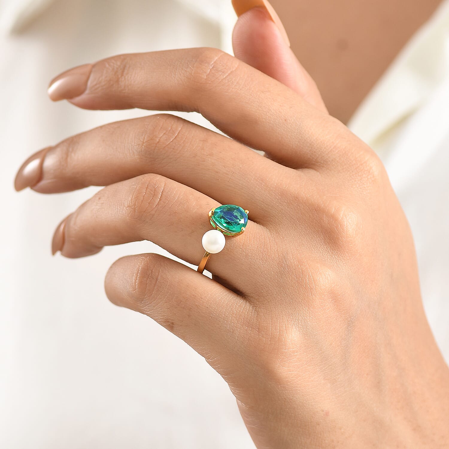 D'Joy - Peacock Triplet Quartz & Fresh Water Pearl Toi-et-Moi Ring in Yellow Gold Plated Sterling Silver 3.61 Ct.