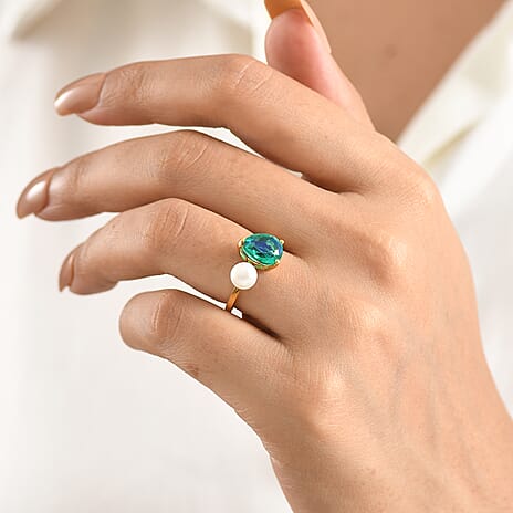 D'Joy Peacock Triplet Quartz, Fresh Water Pearl Fancy Ring Sterling Silver  3.610  Ct.