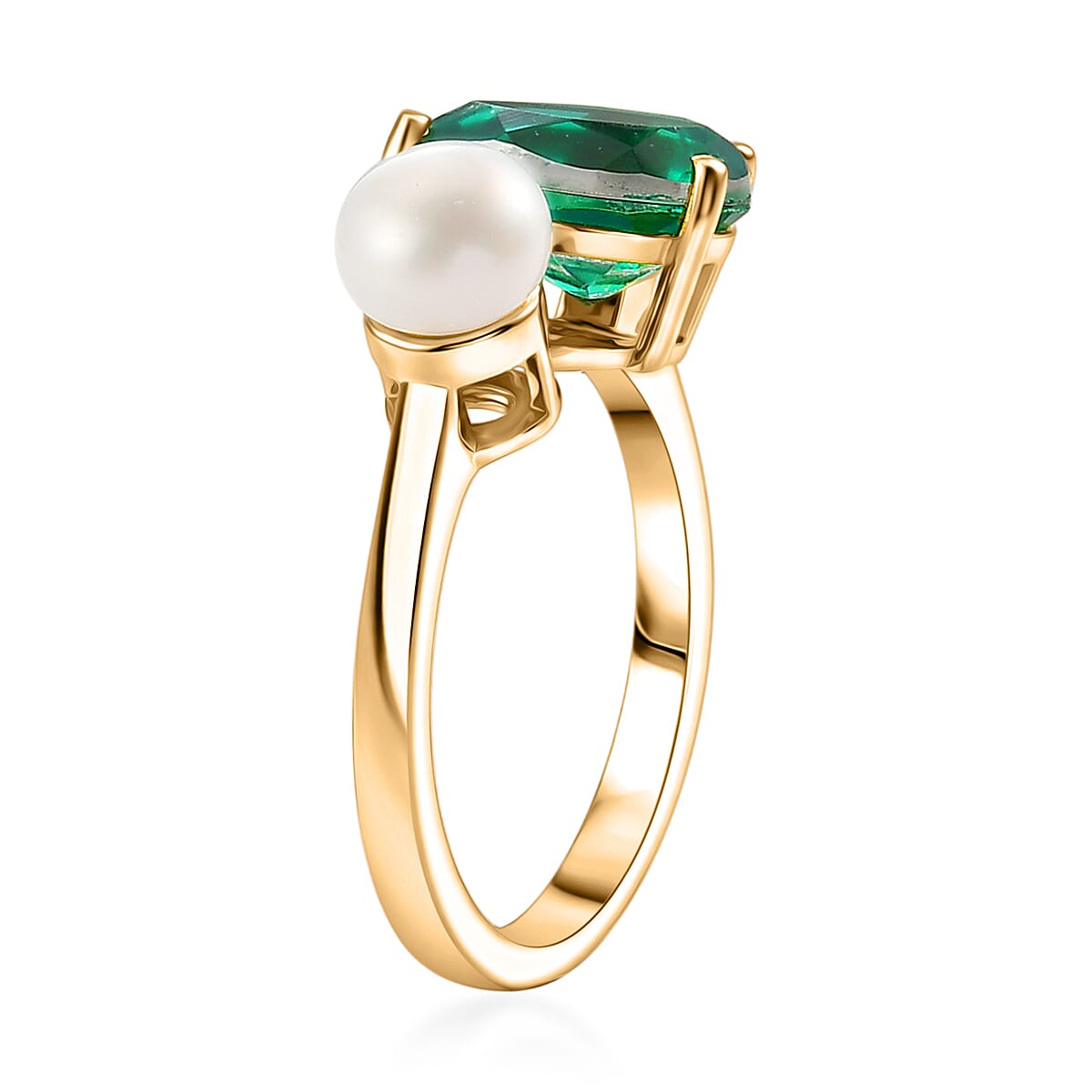 D'Joy - Peacock Triplet Quartz & Fresh Water Pearl Toi-et-Moi Ring in Yellow Gold Plated Sterling Silver 3.61 Ct.