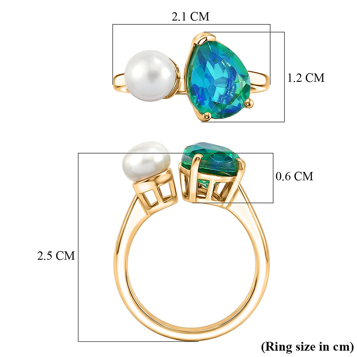 D'Joy - Peacock Triplet Quartz & Fresh Water Pearl Toi-et-Moi Ring in Yellow Gold Plated Sterling Silver 3.61 Ct.