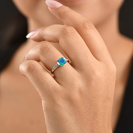 D'Joy Peacock Triplet Quartz, White Zircon Main Stone With Side Stone Ring in Platinum OverlaySterling Silver  1.744  Ct.