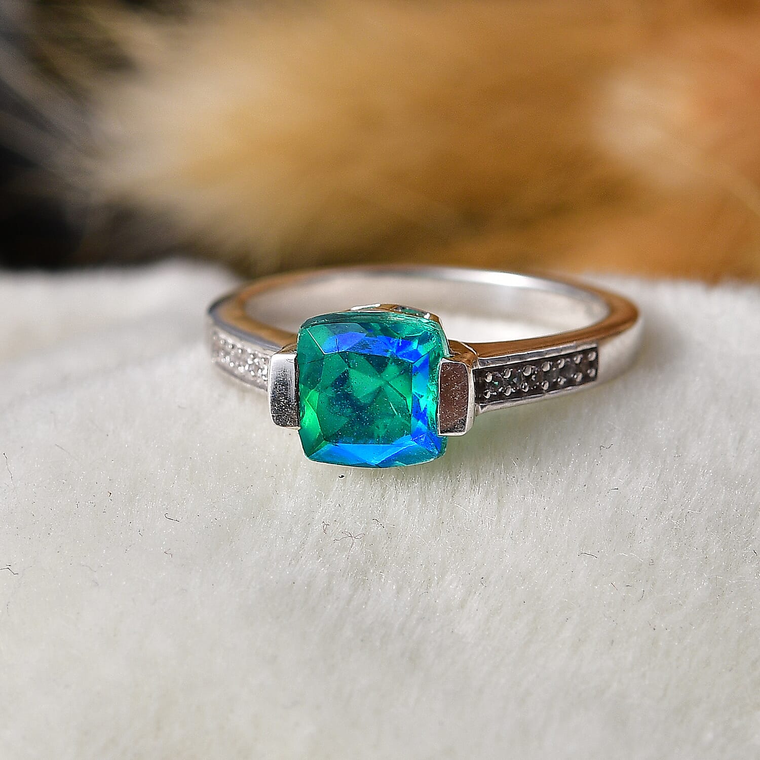 D'Joy - Peacock Triplet Quartz & White Zircon Solitaire Ring in Platinum Overlay Sterling Silver 1.74 Ct.