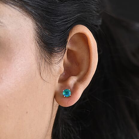 Peacock Triplet Quartz Stud Push Post Earring in Platinum Overlay Sterling Silver 1.95 Ct.