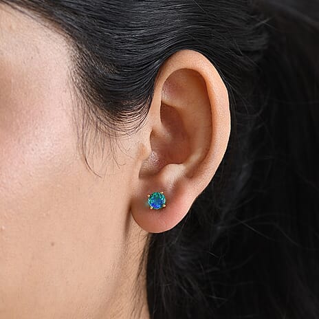 Peacock Triplet Quartz Push Post Earring in Yellow Gold Plated Sterling Silver 1.95 Ct.