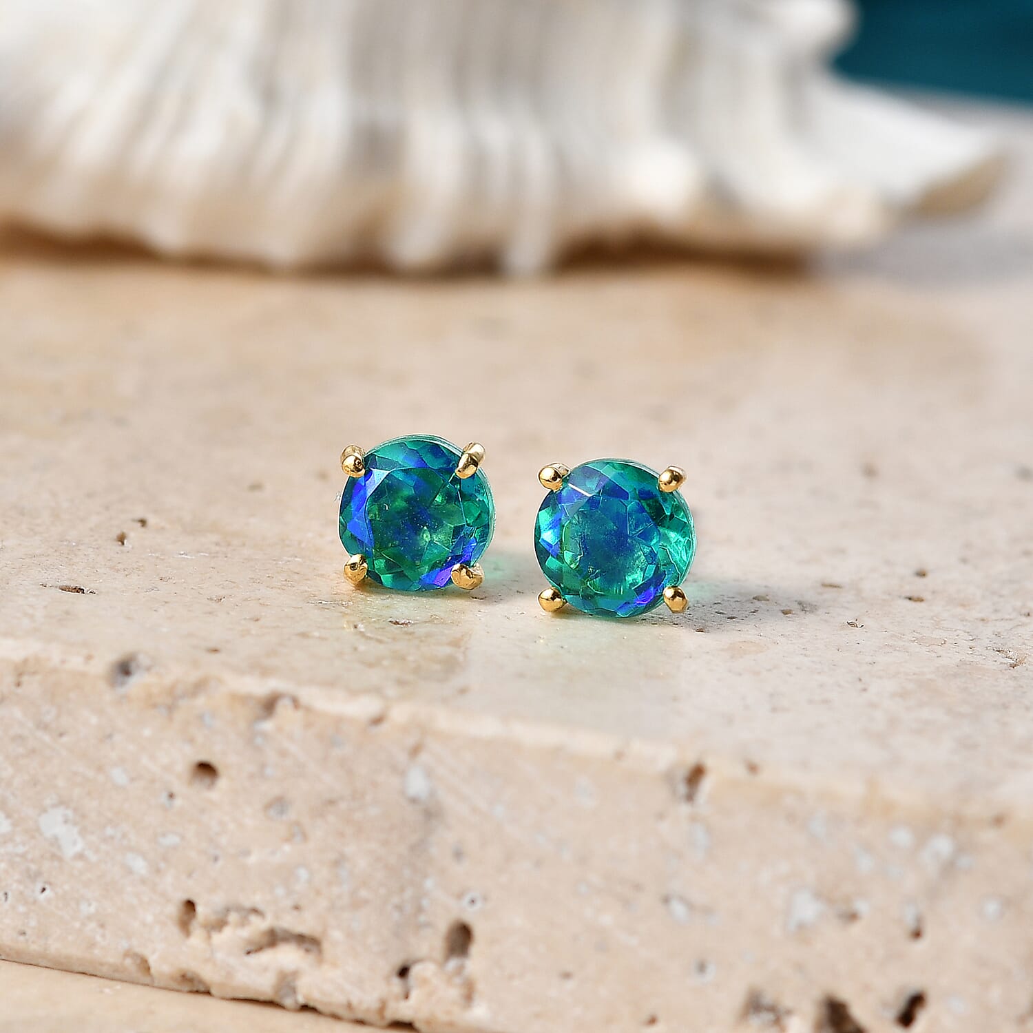 Peacock Triplet Quartz Push Post Earring in Yellow Gold Plated Sterling Silver 1.95 Ct.