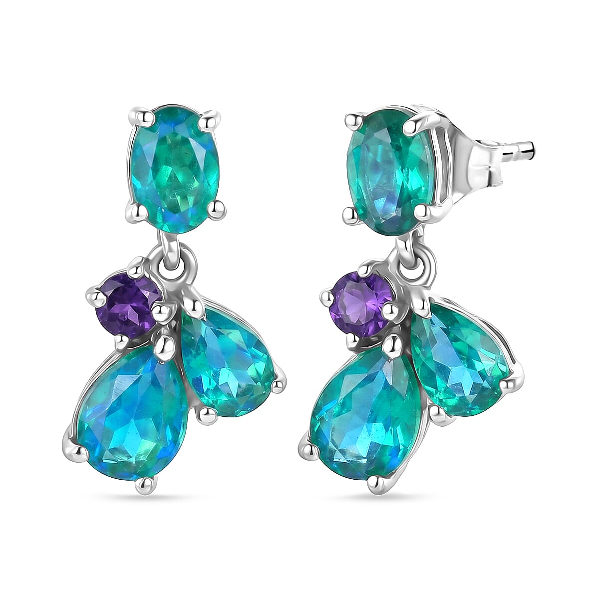 D'Joy - Peacock Triplet Quartz & African Amethyst Dangling Earring with Push Post in Platinum Overlay Sterling Silver 3.61 Ct.