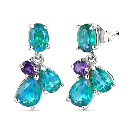 D'Joy - Peacock Triplet Quartz & African Amethyst Dangling Earring with Push Post in Platinum Overlay Sterling Silver 3.61 Ct.